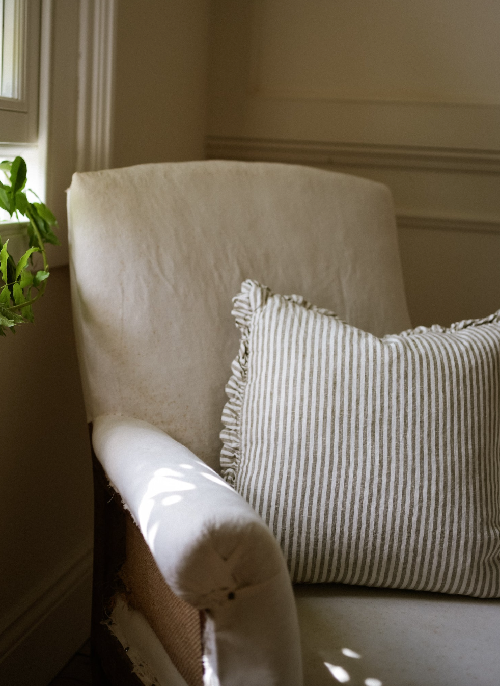 The Provence Ticking Stripe Washed Linen Cushion - Olive