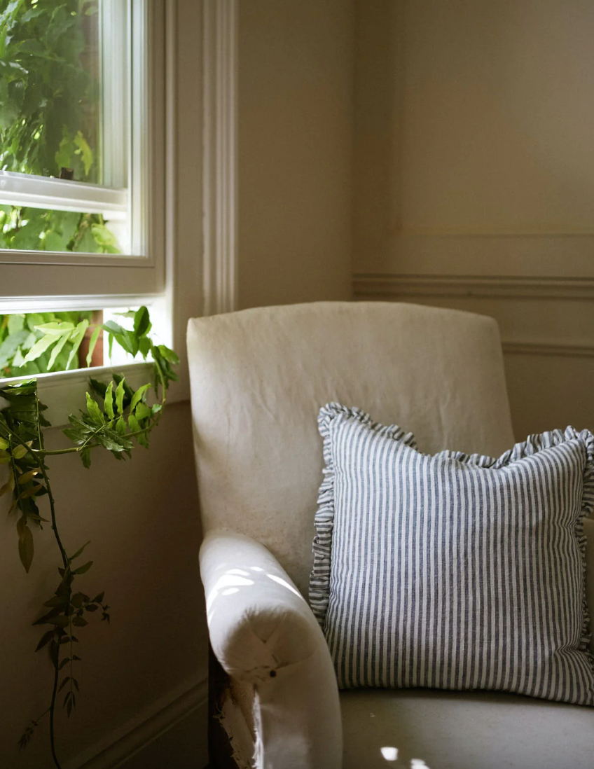 The Provence Ticking Stripe Washed Linen Cushion - Blue