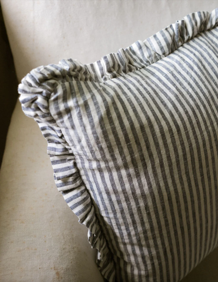 The Provence Ticking Stripe Washed Linen Cushion - Blue