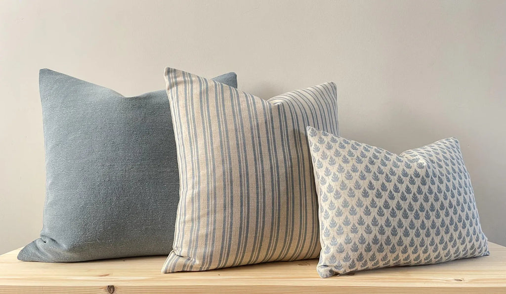 Dusky Blue Linen Cushion Cover - Leaf Print